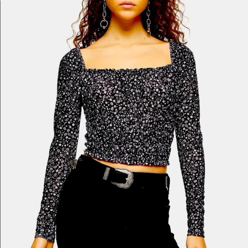 Top Shop Black and White Floral Long Sleeve Top